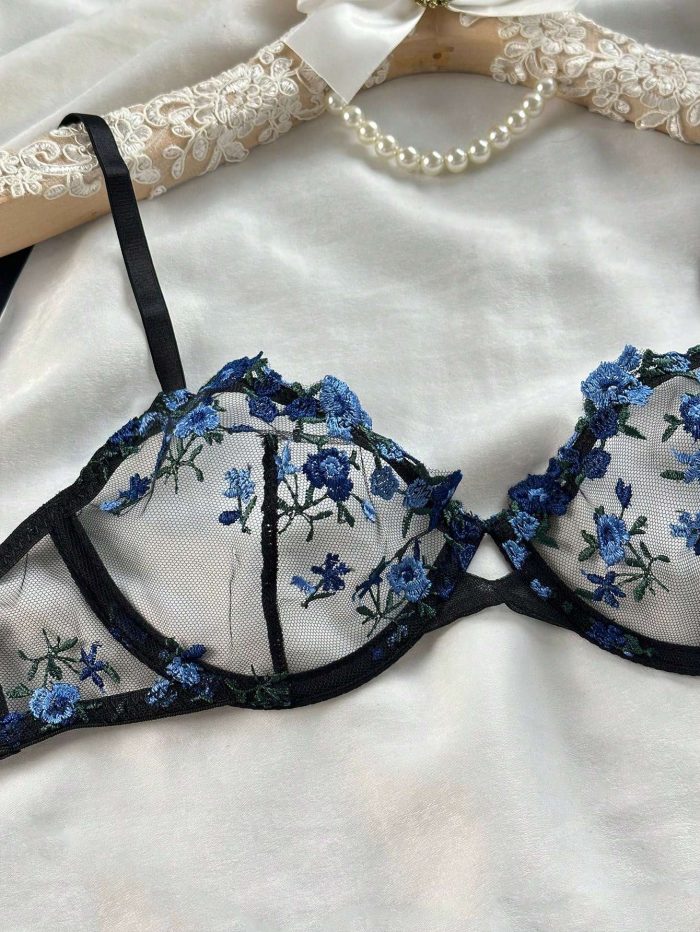 💖China Transparent Bra & Panty Set- Black (Blue Flower) - Image 4