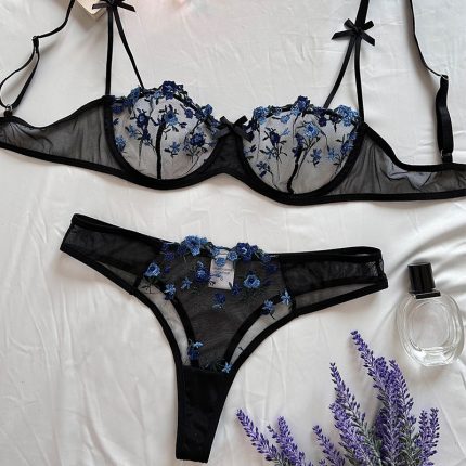 💖China Transparent Bra & Panty Set- Black (Blue Flower)