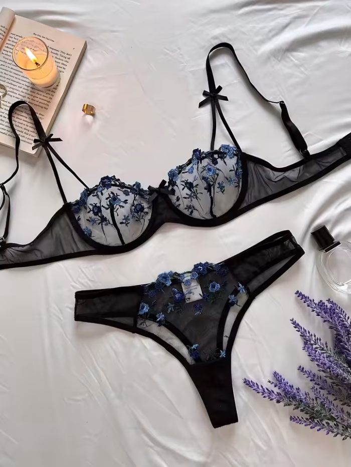 💖China Transparent Bra & Panty Set- Black (Blue Flower) - Image 2