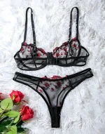 💖China Transparent Bra & Panty Set- Black