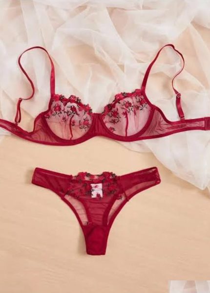 💖China Transparent Bra Panty Set-Maroon