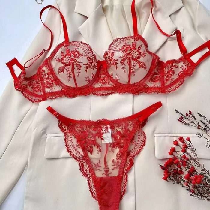 💖China Luxury Embroidered Bra & Panty Set- Red - Image 1