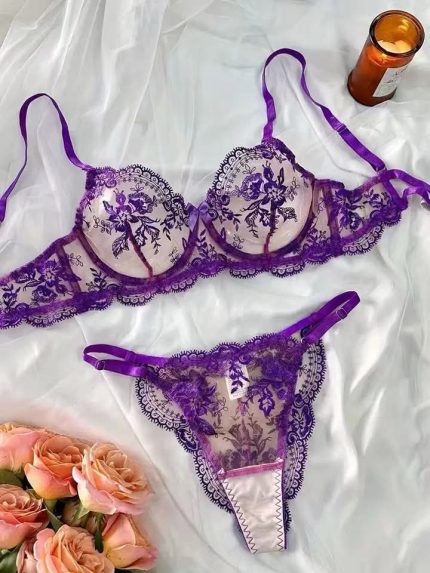 💖China Luxury Embroidered Bra & Panty Set- Purple
