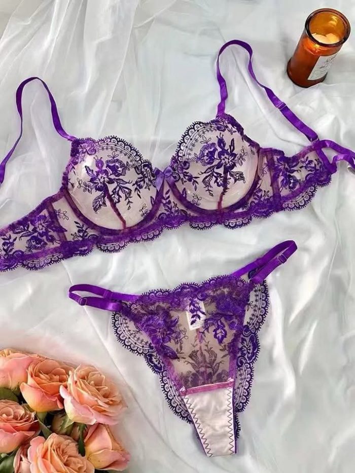 💖China Luxury Embroidered Bra & Panty Set- Purple - Image 1